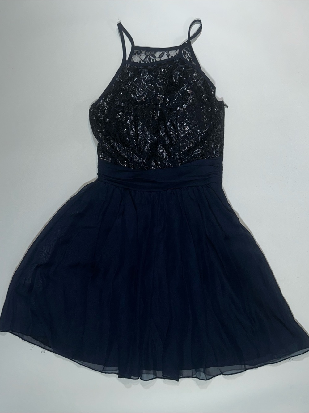 B Darlin Navy Metallic Lace Chiffon Fit Flare Homecoming Dress Juniors 1/2
